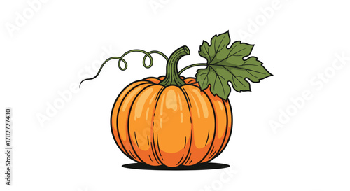 An inviting autumn pumpkin with a vibrant orange hue, complete with a green stem, curling tendril, and a fresh leaf, sits ready for harvest season.