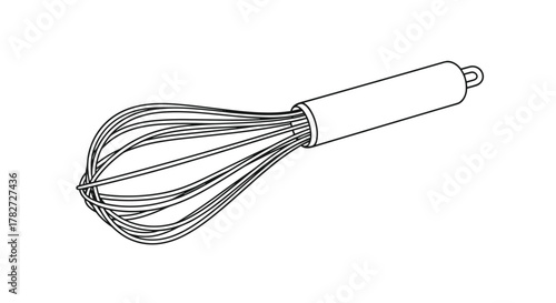 Detailed black and white line art of a balloon whisk, a versatile kitchen tool used for aerating and combining various food ingredients.