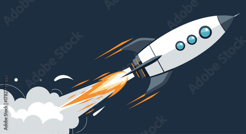 A stylized cartoon rocket launches into a dark sky, trailing orange flames and white smoke, symbolizing fast startup and progress.