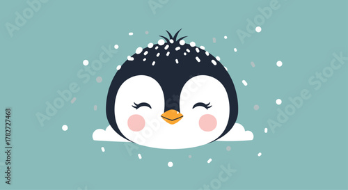 Sweet cartoon penguin illustration with rosy cheeks and closed eyes, emerging from a snowy landscape under a gentle snowfall.