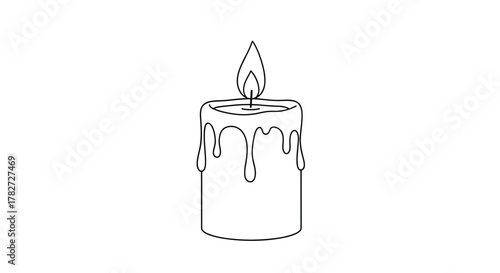 Simple line art drawing of a lit candle with melting wax dripping down its sides, conveying warmth and calm.