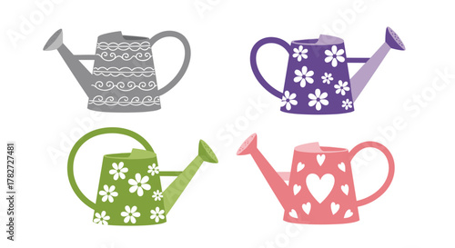 Four decorative watering cans in grey, purple, green, and pink, adorned with patterns of scrolls, flowers, and hearts, on a white background.