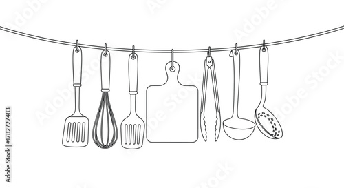 Line art drawing of common kitchen utensils, such as spatulas, whisk, cutting board, tongs, ladle, and slotted spoon, hanging on a wire.