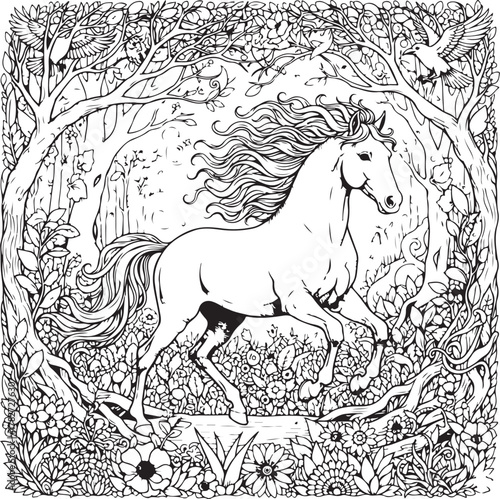 Sketch of a running black horse vector illustration with mane and gallop outline