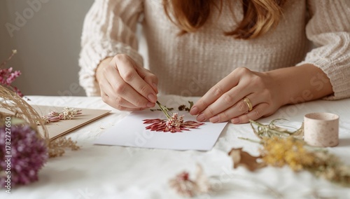 Creating Beautiful Pressed Flower Art at a Cozy Crafting Table in the Afternoon
