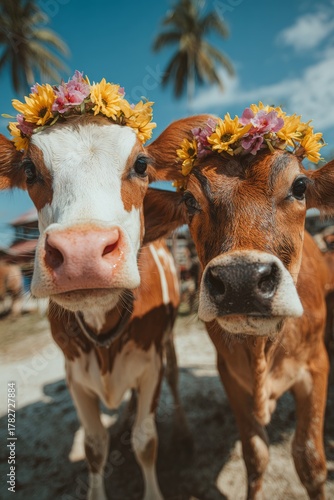 Cows Adorned With Flower Crowns Enjoy a Sunny Day on a Farm Surrounded by Pal...