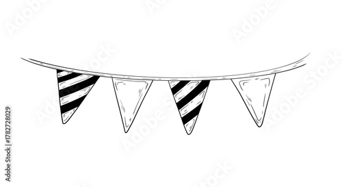 Vector illustration of a garland with flags. Hand-drawn illustration, hand-drawn graphics, and ink drawing. Doodle style. Festive design and decoration. Triangular flags on a rope.