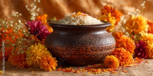 Celebration of Rice in a Traditional Pot Surrounded by Colorful Flowers at a ...