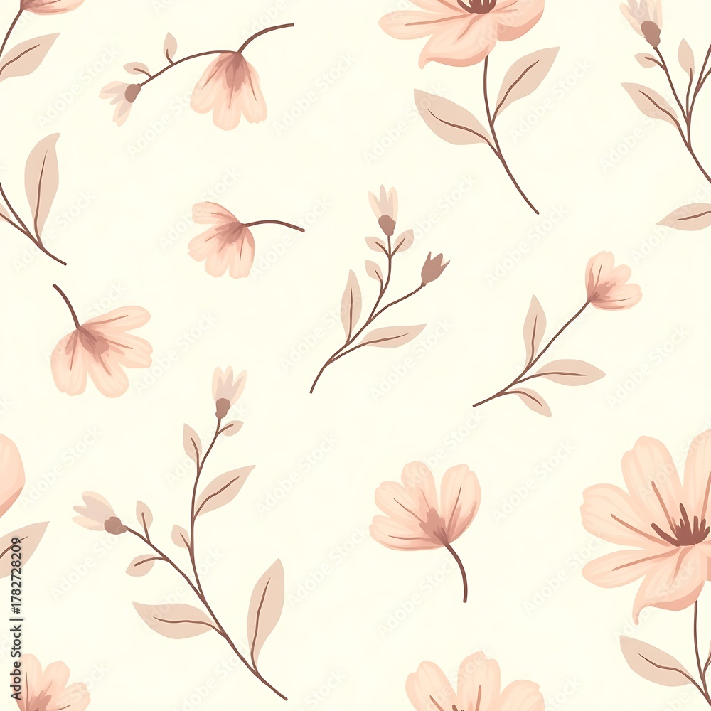 Fototapeta premium Seamless pattern with small pink flowers and leaves on a beige background