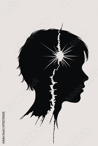 Silhouette of a head with a crack and bright light symbolizing trauma, mental struggle, healing, and awareness. Conceptual illustration about mind, pain, and recovery.