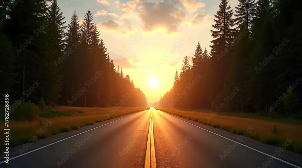 Fototapeta premium Golden Sunset Road Through Pine Forest