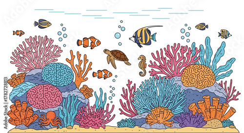 Vibrant Coral Reef Ecosystem with Diverse Marine Life.