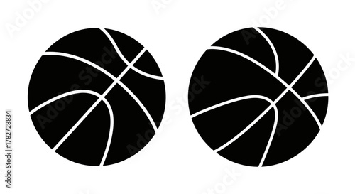 Two dark basketballs with white lines depicted in a simple vector style