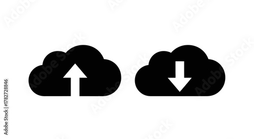 Two clouds with opposing arrows representing upload and download concepts