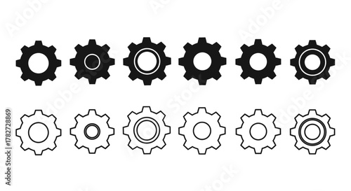 A collection of black and white gear icons in a linear arrangement