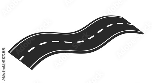 Simple black and white illustration of a winding road with dashed lines