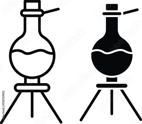 Distillation Flask on Tripod Icon. Chemical Lab Setup, Scientific Experiment, and Chemistry Apparatus or Vector Silhouette and Pictogram..eps