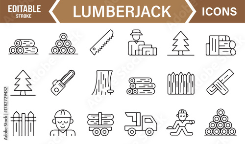 Editable Stroke Lumberjack Icons – Vector Outline Collection for Forestry, Logging, and Construction Design