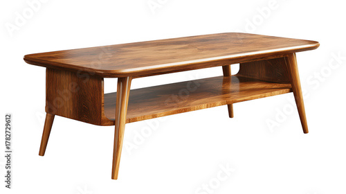 Stylish mid century wooden coffee table living room interior decor element cozy environment aesthetic viewpoint