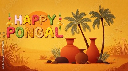 Celebrating Pongal With Traditional Pots and Palm Trees at Sunset in a Vibran...
