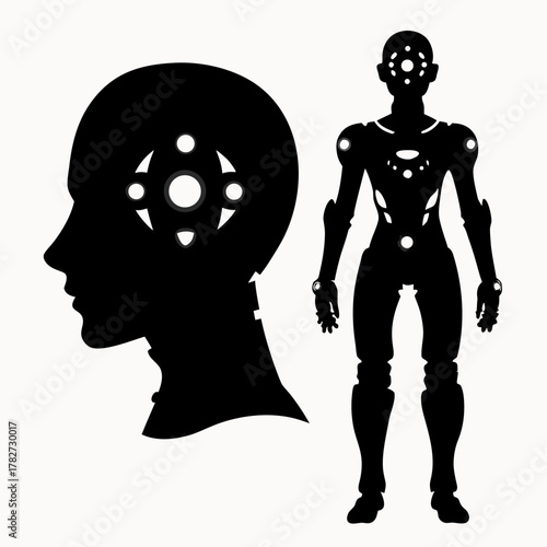Silhouette of a robot head with internal mechanisms and a full body robot standing next to it