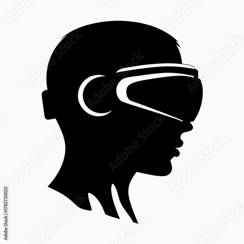 Silhouette of a person wearing vr headset with a distinctive design and a white background shown