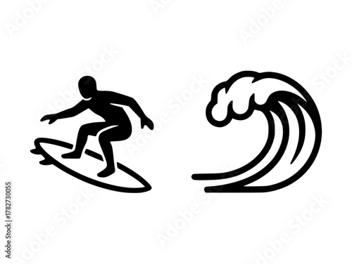 Minimal black vector icons of a surfer on a surfboard and a stylized breaking wave, perfect for surf, beach, water-sports designs, logos, and coastal branding.