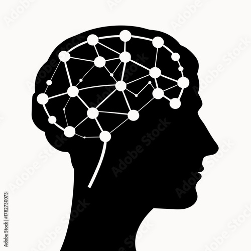 Silhouette of a head with a network of connected circles representing the brain function and intelligence