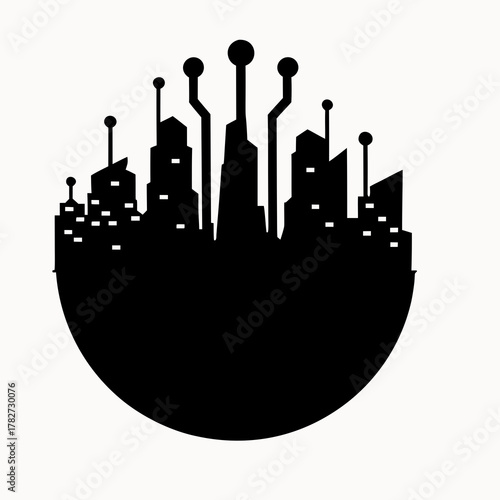 Silhouette of a cityscape with illuminated windows and digital network connections above the buildings line