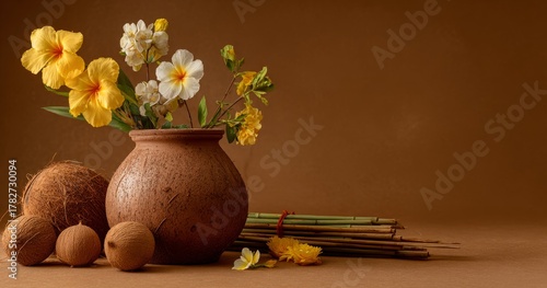 Colorful Flowers in a Clay Pot With Natural Decorations on a Brown Surface