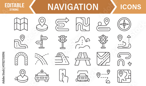 Editable Stroke Navigation and Travel Icons – Vector Outline Collection for Map and Route Design