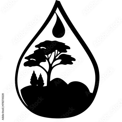 Silhouette of a tree and hills inside a teardrop shape with a droplet above it in black and white