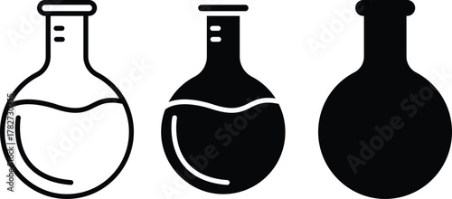 Round-Bottom Laboratory Flask Icon.Chemistry Glassware, Scientific Solution, and Liquid Research Symbol or Vector Silhouette and Pictogram. .eps