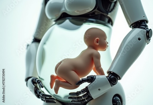 A pregnant robot with a human baby. Concepts of artificial insemination, infertility treatment, and artificial gestation