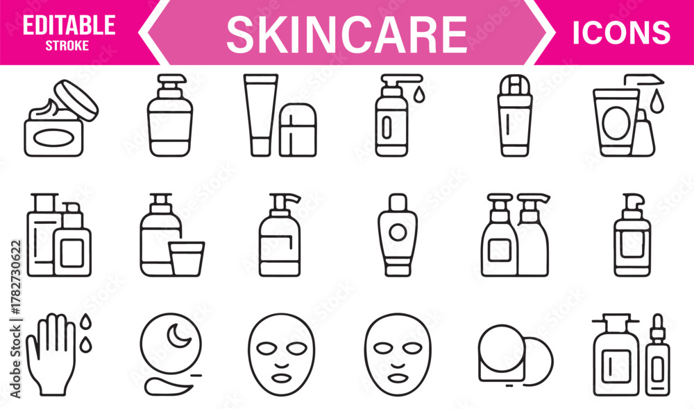 Fototapeta premium Beauty and Skincare Outline Icons – Thin Line Vector Set for Lotion, Serum, and Face Mask Concepts