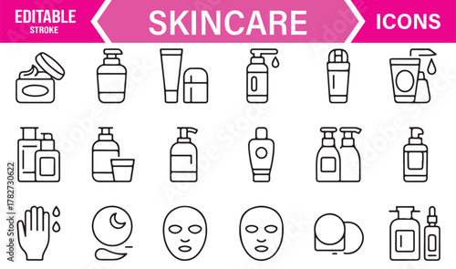 Beauty and Skincare Outline Icons – Thin Line Vector Set for Lotion, Serum, and Face Mask Concepts