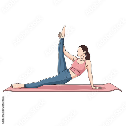 Woman practicing yoga on a mat in a challenging pose.