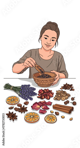 Woman preparing natural remedies with herbs and spices.