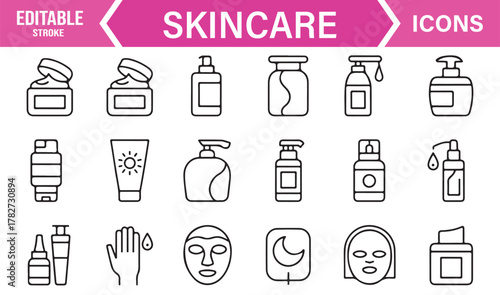 Skincare and Beauty Line Icons – Editable Stroke Vector Collection of Cosmetic Bottles, Creams, and Face Masks