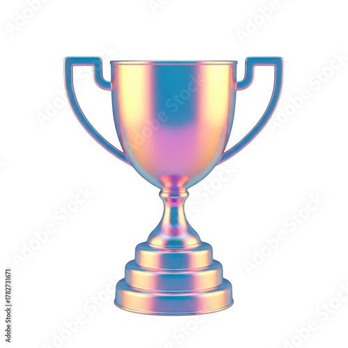 Iridescent trophy cup with two handles isolated on transparent background