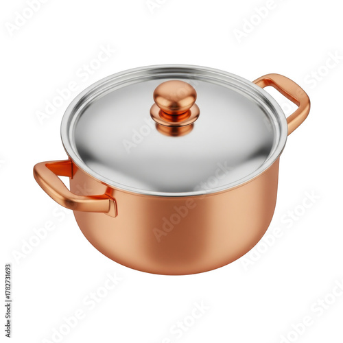 Elegant copper stock pot with stainless steel lid and handles isolated on transparent background