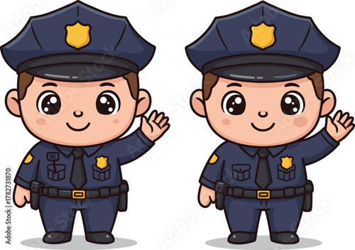 Cute cartoon police officers waving hands, adorable law enforcement characters in blue uniform, friendly policeman illustration, safety concept artwork