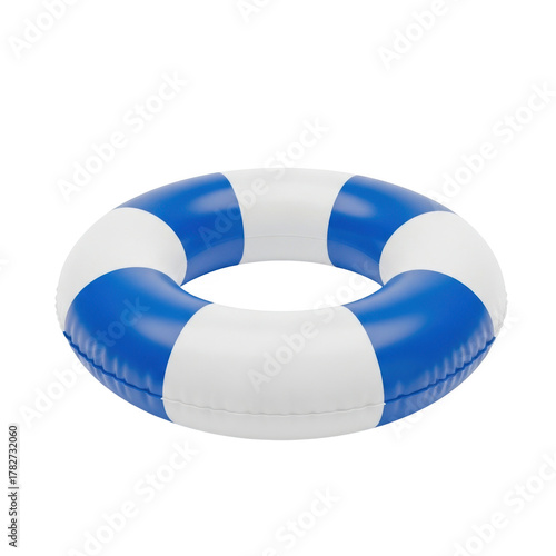 A bright blue and white striped inflatable life preserver ring isolated on transparent background