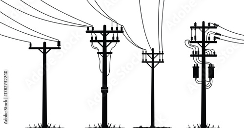  Utility pole silhouettes, electrical wire icons, power grid vector, infrastructure drawing chart, voltage system sketch, cad drawing flat vector illustration