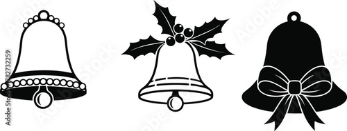 bell, holiday, Christmas, festive, decoration, ornament, bow, holly, berries, ringing, symbol, cartoon, vector, illustration, design, celebration, seasonal, icon, decor, jingle