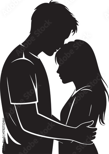 Couple embracing with heads touching silhouette embrace