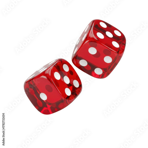 Two translucent red dice showing the number six and five isolated on transparent background