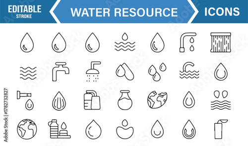 Global Water Resource Concept Icons – Minimal Line Set Representing Conservation and Purity