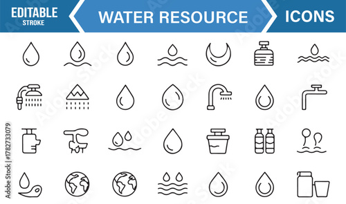 Thin Line Water and Plumbing Icons Set – Faucet, Shower, Drop, Filtration, and Ecology Symbols