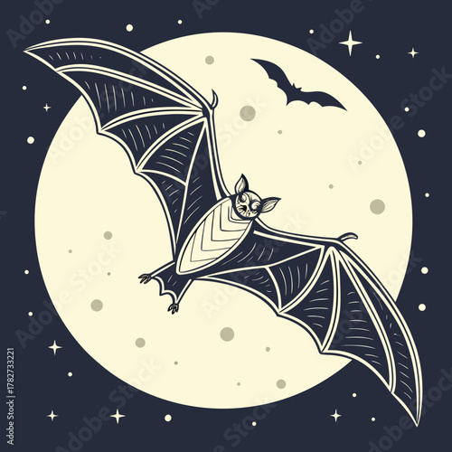A bat soars against the backdrop of a full moon in the night sky